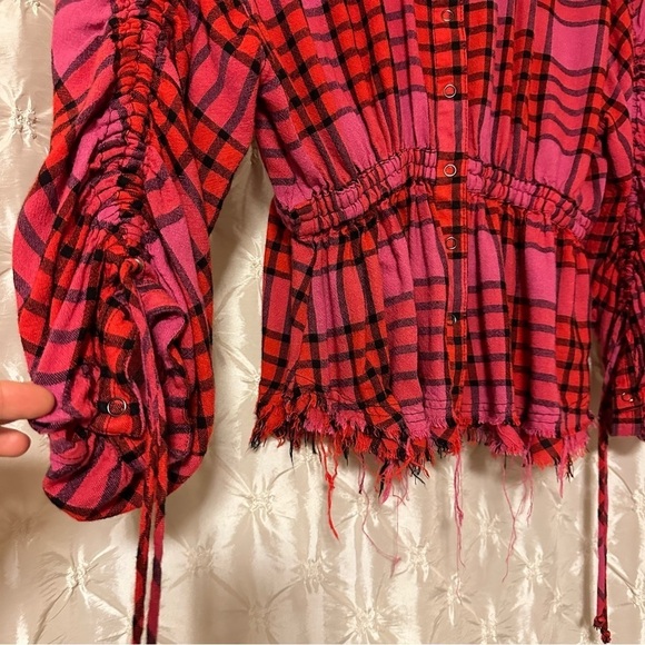 Free People Pink Red Combo Plaid Ruched Sleeve Pacific Dawn Blouse - Picture 5 of 14